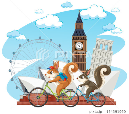 Squirrels Biking Around World Landmarks Squirrels Biking Around World Landmarks 124391960
