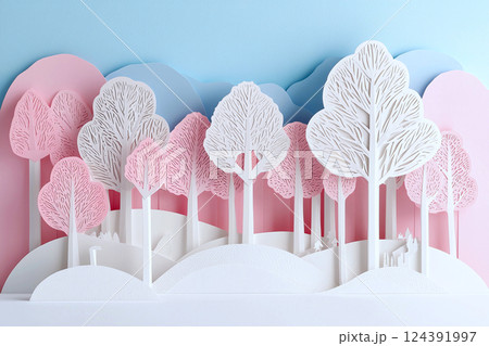 Paper cut style forest with depth, soft shadows, unique modern and artistic appeal Paper cut style forest with depth, soft shadows, unique modern and artistic appeal 124391997