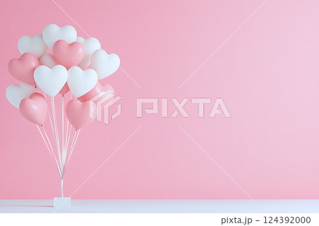 Romantic heart shaped balloons float against a soft pink white gradient, playful vibes 124392000