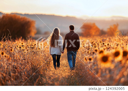 A couple strolls through sunflowers, sunlit laughter echoing, pure First Love and radiant happiness 124392005