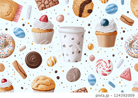 Cupcakes, cookies and candies in vibrant hues form a charming and colorful bakery illustration 124392009