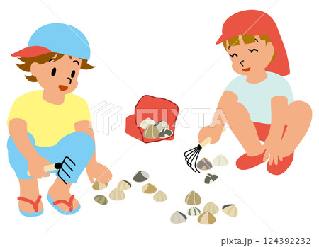 潮干狩りのイラスト01しゃがんで潮干狩りをする子供たち 124392232