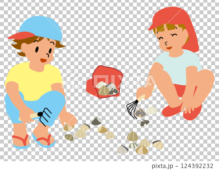 潮干狩りのイラスト01しゃがんで潮干狩りをする子供たち 124392232