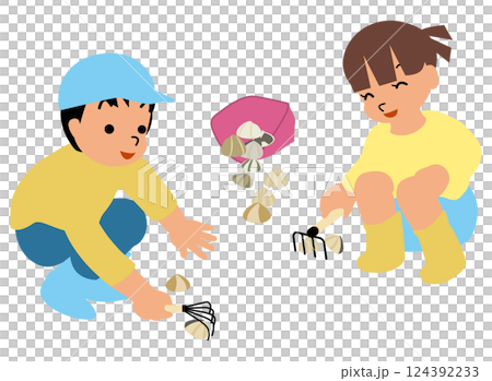 潮干狩りのイラスト02しゃがんで潮干狩りをする子供たち 124392233