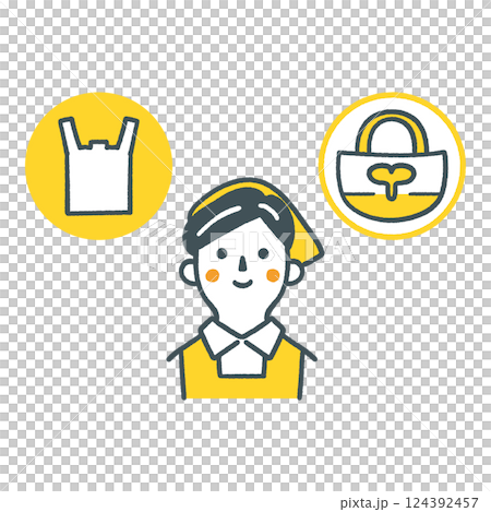 Store clerk encouraging customers to choose between plastic bags and eco bags Stock illustration Store clerk encouraging customers to choose between plastic bags and eco bags Stock illustration 124392457