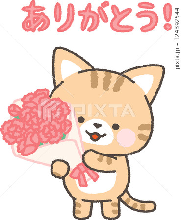 カーネーションの花束を持つねこ 124392544