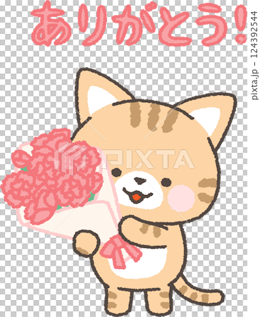 カーネーションの花束を持つねこ 124392544