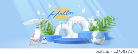 Beach summer scene with blue podium display Beach summer scene with blue podium display 124392717