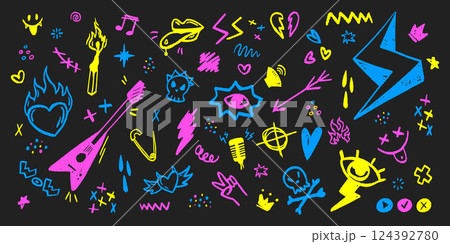 Color punk rock icons set isolated on black Color punk rock icons set isolated on black 124392780