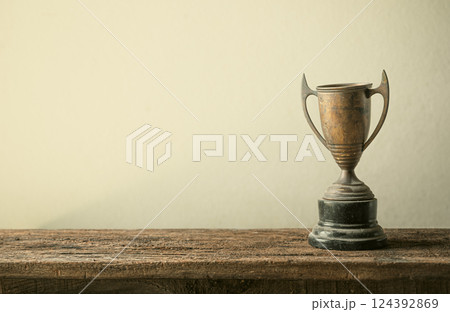 Vintage Trophy on Wooden Table with Soft Background 124392869