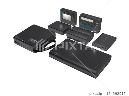 モバイルバッテーリー　デジタルカメラ　デジタルビデオカメラ　バッテリー(3DCGイメージ)白バック 124392915