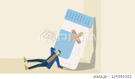 Illustration of a Man Struggling with Dizziness and Fatigue While Leaning Against a Giant Medicine Bottle Illustration of a Man Struggling with Dizziness and Fatigue While Leaning Against a Giant Medicine Bottle 124393102