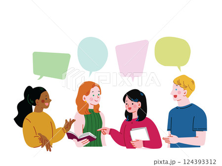 留学先で友達とグループで話し合う日本人女性 124393312
