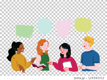 留学先で友達とグループで話し合う日本人女性 124393312