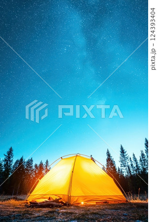 Glowing tent under a starry night sky 124393404