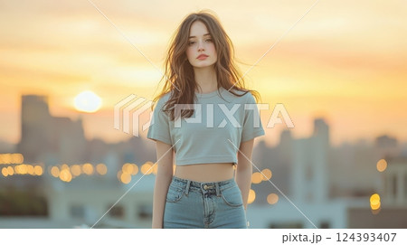 Golden hour city girl rooftop style 124393407