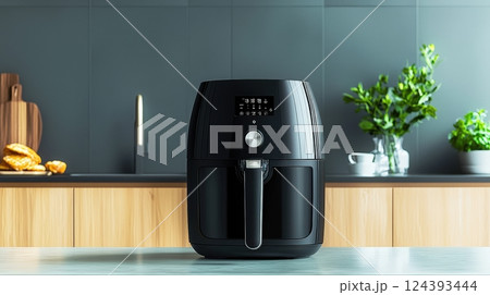 Modern black air fryer in kitchen setting 124393444