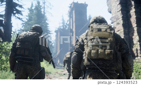 Soldiers in war-torn forest, walking away from ruins 124393523