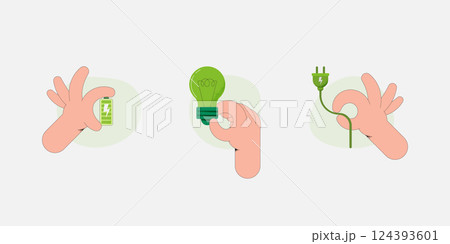 Set of Hand Holding battery, light bulb and plug. Green Energy concept icons. Sustainability, ecology and environment Development concept. Vector Illustration. Set of Hand Holding battery, light bulb and plug. Green Energy concept icons. Sustainability, ecology and environment Development concept. Vector Illustration. 124393601