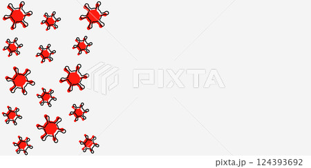 The spread of viral diseases. Vector illustration of a red virus with a black stroke in flat style on a white isolated background. Place for your text. Copy space. 124393692