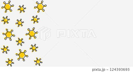 The spread of viral diseases. Vector illustration of a yellow virus with a black stroke in flat style on a white isolated background. Place for your text. Copy space. The spread of viral diseases. Vector illustration of a yellow virus with a black stroke in flat style on a white isolated background. Place for your text. Copy space. 124393693