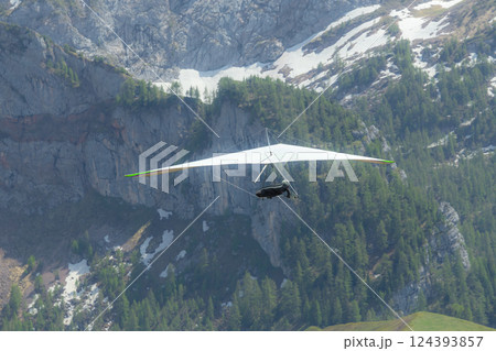 Hang gliding above mountain valley near Jenner mount Berchtesgaden National Park 124393857
