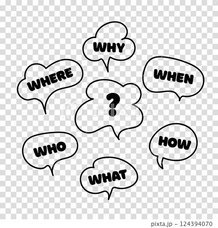 Question who, what, how, why, for what and where. Speech bubble with ask. Doodle vector illustration on transparent background. Vector illustration. 124394070