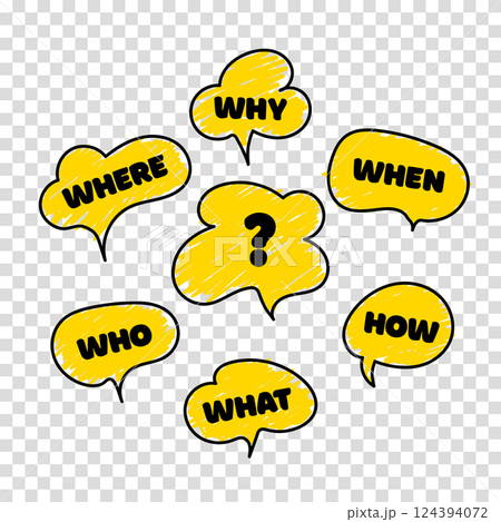 Question who, what, how, why, for what and where. Speech bubble with ask. Doodle vector illustration on transparent background. Vector illustration. 124394072