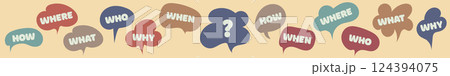 Communication inclusion people concept. Question who, what, how, why, for what and where. Vector illustration. Speak english. Think about. Doodle and flat style. Communication inclusion people concept. Question who, what, how, why, for what and where. Vector illustration. Speak english. Think about. Doodle and flat style. 124394075