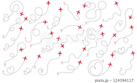 Airplane or aeroplane routes path set. Travel concept from start point and dotted line tracing. Aircraft tracking, plane path, travel, map pins, location pins. Vector illustration. White background. Airplane or aeroplane routes path set. Travel concept from start point and dotted line tracing. Aircraft tracking, plane path, travel, map pins, location pins. Vector illustration. White background. 124394117