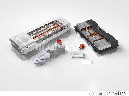 カーバッテリー　バッテリーセル　バッテリーパック　バッテリーモジュール(3DCGイメージ)矢印あり 124394193
