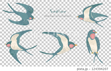 水彩で描いた燕のイラスト素材セット 124394207