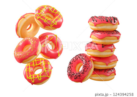 Donuts with red fruit glaze, sprinkles, white drizzle, and dots isolated on white transparent background Donuts with red fruit glaze, sprinkles, white drizzle, and dots isolated on white transparent background 124394258