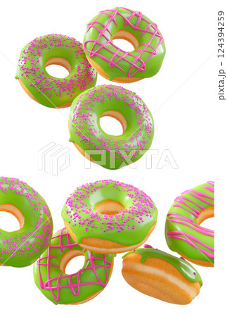 Donuts with green kiwi glaze, sprinkles, white drizzle, and dots isolated on white transparent background Donuts with green kiwi glaze, sprinkles, white drizzle, and dots isolated on white transparent background 124394259