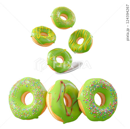 Donuts with green kiwi glaze, sprinkles, white drizzle, and dots isolated on white transparent background Donuts with green kiwi glaze, sprinkles, white drizzle, and dots isolated on white transparent background 124394267