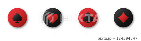 Hearts, clubs, diamonds and spades chips on an isolated white background. Set collection gambling sign symbol of playing card suits and chips for poker and casino. 124394347