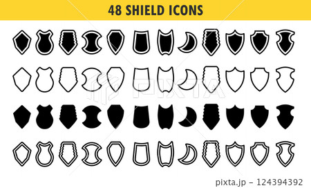 Shield icons set. Police badge. Collection of security shield icons with contours and linear signs. Security protection symbol signs. Vector illustration with different shields icon collection. Shield icons set. Police badge. Collection of security shield icons with contours and linear signs. Security protection symbol signs. Vector illustration with different shields icon collection. 124394392