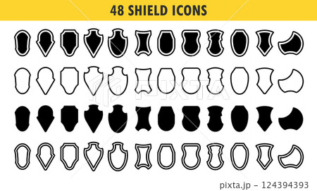 Shield icons set. Police badge. Collection of security shield icons with contours and linear signs. Security protection symbol signs. Vector illustration with different shields icon collection. 124394393
