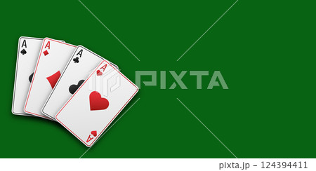 Hand fan of playing cards consisting of four white Ace of Spades, Diamonds, Clubs, Hearts. Vector illustration on a green table. Poker and casino concept. Hand fan of playing cards consisting of four white Ace of Spades, Diamonds, Clubs, Hearts. Vector illustration on a green table. Poker and casino concept. 124394411