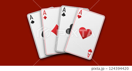 Fan of hand playing cards. Red playing table. Four aces with the suit of hearts, clubs, diamonds and spades. Vetor illustration. Poker or casino concept. 124394420