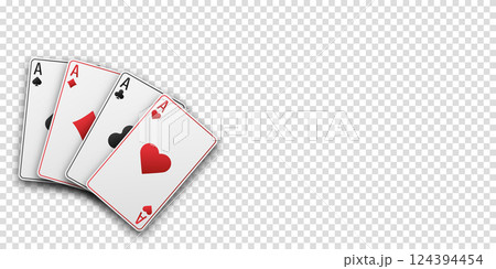 Fan of hand playing cards. Four aces with the suit of hearts, clubs, diamonds and spades. Vetor illustration. Poker or casino concept. Transparent background. 124394454