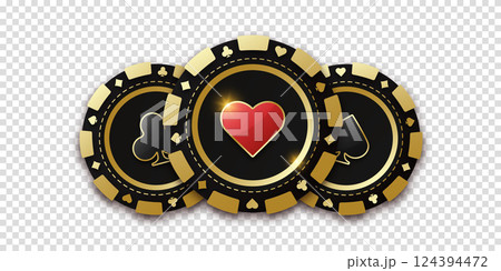 Gambling coin with suit hearts. Trio of playing chips or token. Realistic playing chip with the suit of hearts in the center, gambling tokens. Banner for web app or site. Concept poker or casino. 124394472