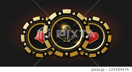 Trio of playing chips or token. Gambling coin with suit clubs. Realistic playing chip with the suit of clubs in the center, gambling tokens. Banner for web app or site. Concept poker or casino. Trio of playing chips or token. Gambling coin with suit clubs. Realistic playing chip with the suit of clubs in the center, gambling tokens. Banner for web app or site. Concept poker or casino. 124394474