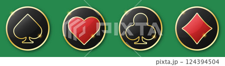 Hearts, diamonds, clubs and spades chips signs icons. Glossy playing card suit symbol with gold border. Vector illustration chips. Green background Hearts, diamonds, clubs and spades chips signs icons. Glossy playing card suit symbol with gold border. Vector illustration chips. Green background 124394504