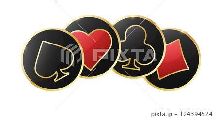 Glossy playing card suit symbol with gold border. Hearts, diamonds, clubs and spades chips signs icons. Vector illustration chips. White background Glossy playing card suit symbol with gold border. Hearts, diamonds, clubs and spades chips signs icons. Vector illustration chips. White background 124394524