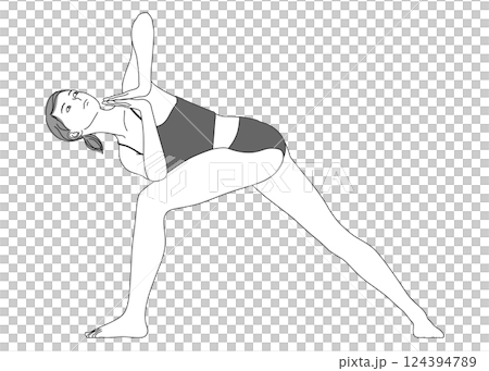 ヨガ 合掌ねじりのポーズをする日本人女性のイラスト 全身正面 横顔 モノクロ ヨガ 合掌ねじりのポーズをする日本人女性のイラスト 全身正面 横顔 モノクロ 124394789