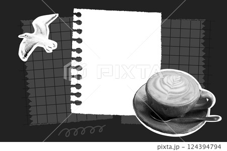 Coffee cup and seagull on black paper torn collage with grid and blank notebook page. Vector template of grunge morning journal page 124394794