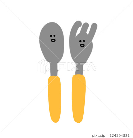 手描きのかわいいスプーンとフォークのイラスト黄色バージョン 124394821