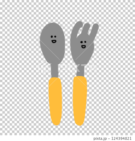 手描きのかわいいスプーンとフォークのイラスト黄色バージョン 124394821