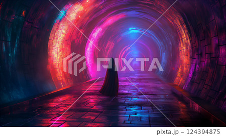 Mysterious figure stands in glowing cavern with red crystals and shimmering ice. Generative AI 124394875